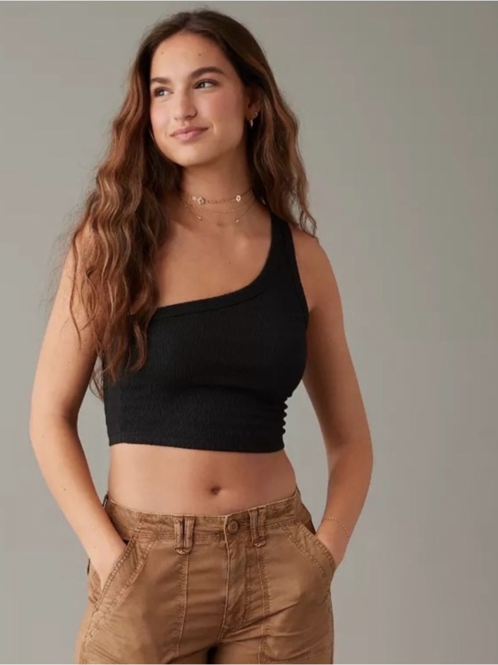 AE Black One-Shoulder Ribbed Crop Tank Top